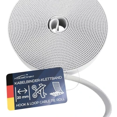 Afbeelding van KabelDirekt Klittenband kabelbinders afsluitbaar 20 mm x 5 m (rol voor kabels, vrij op maat te snijden en herbruikbaar, wit)