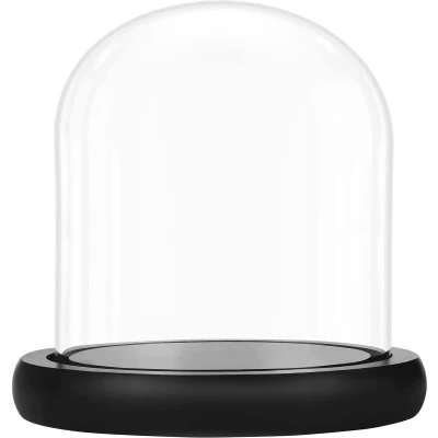 Afbeelding van Belle Vous 10 cm glazen bel met zwarte sokkel van hout, mini transparant glas voor verlichting, planten, tafeldecoratie