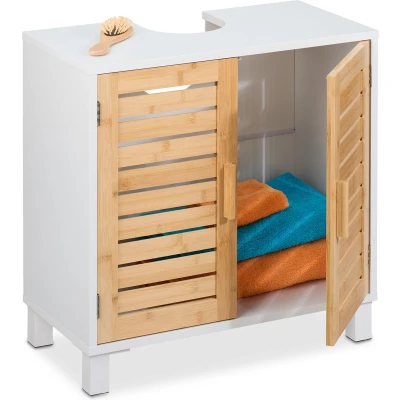 Afbeelding van Relaxdays wastafelonderkast wastafel onderkast onderbouwkast badkamer bamboe deuren