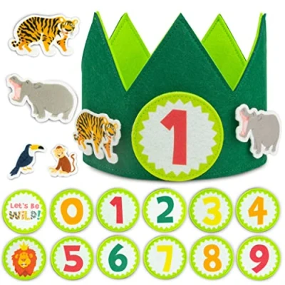 Afbeelding van Kroon verjaardag jungledieren verwisselbare cijfers van 0 tot 9 en themafiguren BONNYCO 1 jaar jongens, cadeau voor meisjes, decoratie jungle, verjaardagshoed