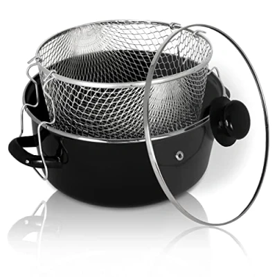 Afbeelding van Krüger Emaille frietpan met verchroomde rand, zeef en glazen deksel, 24 cm, perfecte warmtegeleiding, braadpan voor het frituren van friet, inktvis, enz.