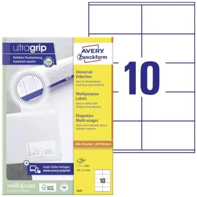 Afbeelding van Avery Zweckform 3425, Universele etiketten, Ultragrip, wit, 100 vel, 10 per ft 105 x 57 mm etiket