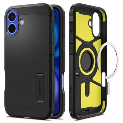 Image de Spigen Tough Armor AI MagFit Coque de protection pour téléphone portable compatibilité avec MagSafe polycarbonate, polyuréthanne thermoplastique (TPU), mousse à impact noir Apple iPhone 16