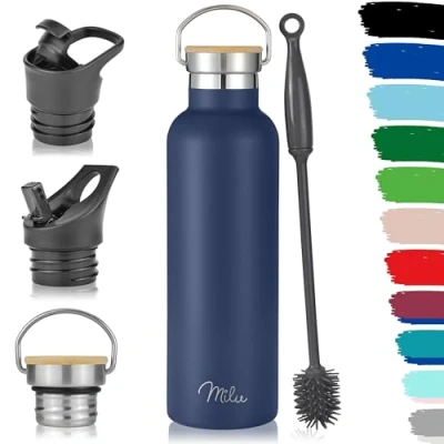 Afbeelding van Roestvrijstalen drinkfles, 350 ml, 500 750 1000 thermosfles met rietje, schuine waterfles, lekvrije thermosfles, dubbelwandig (marineblauw, ml)
