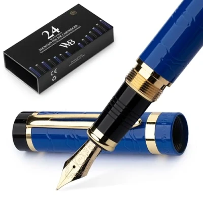 Afbeelding van Wordsworth &amp; Black Primori vulpen set [blauw goud] fijne punt, geschenketui, 24 inktpatronen, navulconverter, handleiding, dagboek, kalligrafie, vloeiend schrijven pennen