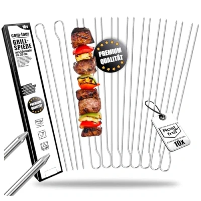 Afbeelding van com four® 10 x grillspiesen met handvat 30 cm BBQ dubbele spindel van roestvrij staal 430 shispiesjes tanden voor bevestiging (10 stuks ovaal staal)