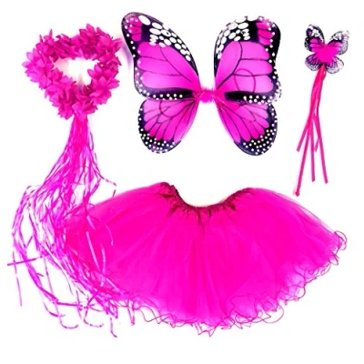 Afbeelding van Tante Tina 4 delig vlinderkostuum vleugels, toverstaf, haarband en rok Monarque Fuchsia