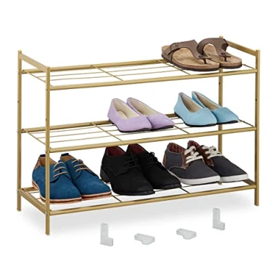 Afbeelding van Relaxdays schoenenrek stapelbaar 3 laags schoenenstandaard rek schoenen metaal goud