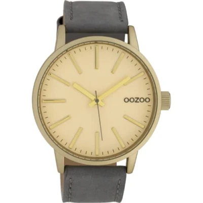 Afbeelding van Oozoo Herenhorloge met leren band 45 mm goud crème grijs C10013, Riem