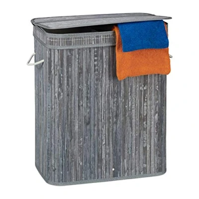 Afbeelding van relaxdays bamboe wasmand met deksel 2 vakken 70 L grijs