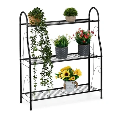 Afbeelding van Relaxdays Plantenrek met 3 niveaus, voor je schatten, groen, metaal, 83 x 71 24,5 cm (h b d), zwart