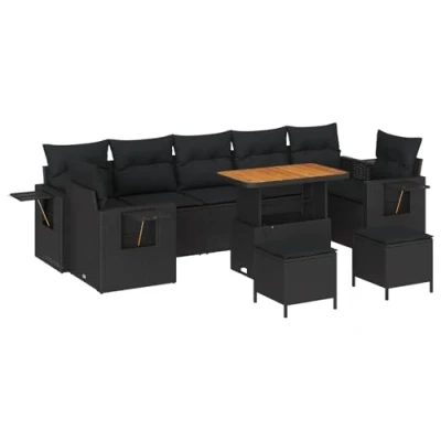 Afbeelding van vidaXL 10 delige tuinbankset met kussens Zwart Poly Rattan Acacia, 3 tuin eettafelset Acacia