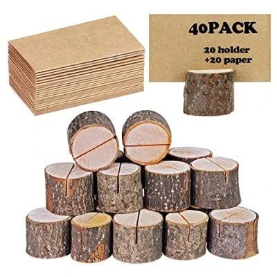 Afbeelding van tafelkaarthouder, rustiek echt hout met houten schors, nummerfotostandaard, plaatsnaam memo kaarthouder voor bruiloft, feest (40 stuks) (20 houders + 20 kraftpapier)