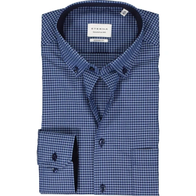 Afbeelding van ETERNA modern fit overhemd popeline blauw geruit (contrast) Maat: 41 Strijkvrij Boordmaat: