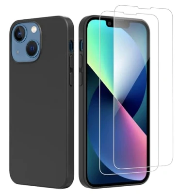 Afbeelding van NEW&#039;C Beschermhoes voor iPhone 13 (6,1 inch), siliconen, ultradun, 2 x gehard glas zwart