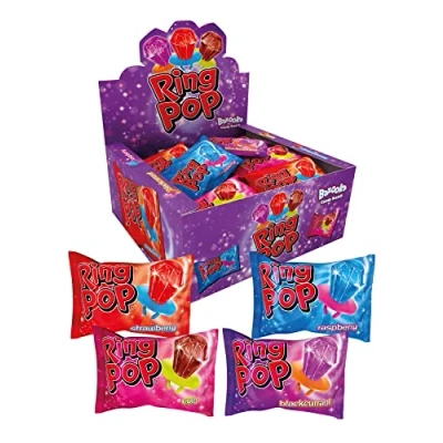 Image de Ring Pop Lot de 24 sucettes saveurs assorties Framboise bleue, fraise, cola et cassis
