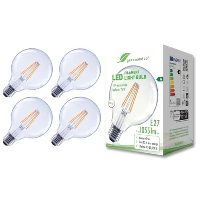 Afbeelding van greenandco 4 x transparante led filamentlampen, E27 G95, 5 W, 1055 lm, vervangt 75 2700 K, warmwit, 320 graden, 230 V, flikkervrij, energieklasse A, niet dimbaar