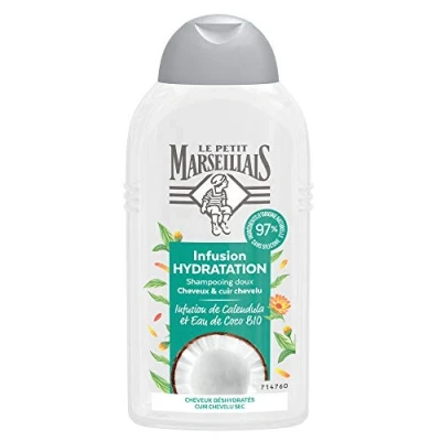 Image de Le Petit Marseillais Shampooing Hydratation Légèreté Eau de Coco Bio (flacon 250 ml) Shampoing sans silicone pour cheveux déshydratés Soin brillance optimale 97% d&#039;origine naturelle