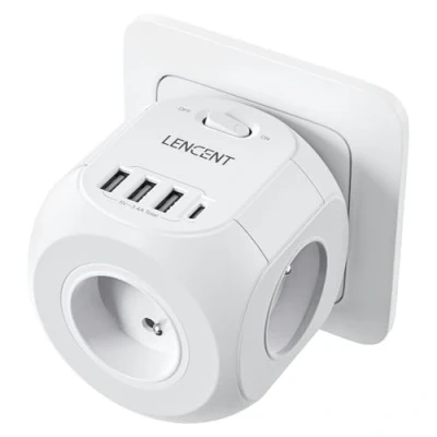 Afbeelding van LENCENT USB stopcontact, wandcontactdoos, kubus, meervoudig, 4 stopcontacten, 8 in 1, oplader met AC uitgangen, 4000 W en 1 type C 3 USB, elektrisch, ideaal voor kantoor, slaapkamer, wit