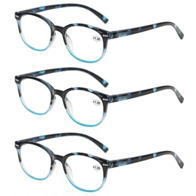 Afbeelding van MODFANS 4 paar ronde leesbrillen voor vrouwen, goede bril, modieus en comfortabel, leeshulp, 3 blauw