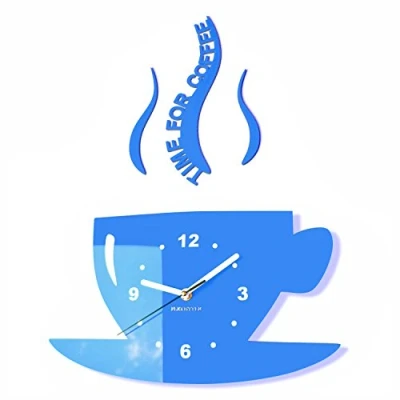 Afbeelding van Tasse, Time for coffee (tijd voor koffie), moderne keuken wandklok blauw, 3D Romeins, decoratie