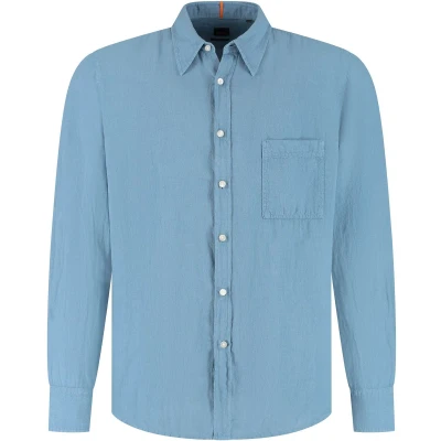 Afbeelding van BOSS Relegant Overhemd Linnen Blauw Maat L Heren Overhemden Casual