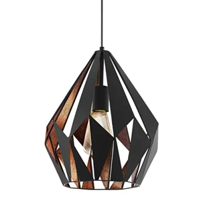 Image de EGLO Lustre CARLTON 1, 1 suspension à flamme vintage, lampe suspendue rétro en acier, couleur : Noir, cuivre, douille E27, Ø 31 cm