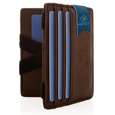 Afbeelding van WEST® Magic Wallet met Muntvak, Inclusief Elegante Geschenkdoos, Compacte en Kleine Portemonnee Heren, Extra Sterke Geldriemen, Pasjeshouder Slanke RFID Bescherming (Bruin Zwart)