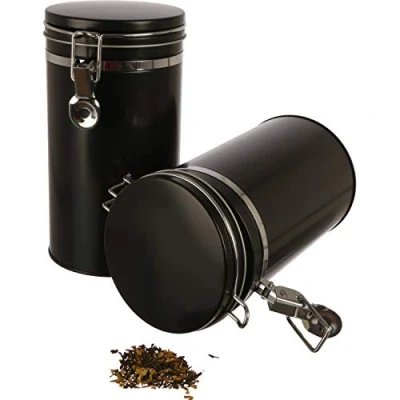 Afbeelding van 6 x edele vierkante voorraadpotjes/theeblikken, aromadicht van metaal voor elk 240 g thee, zwart goud 13 9 cm (H, B, D) ook ideaal als kruidenpotje