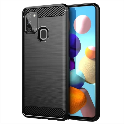 Afbeelding van Cadorabo Hoesje geschikt voor Samsung Galaxy A21s in Brushed Zwart Beschermhoes van flexibel TPU siliconen roestvrij staal carbonvezel look Case Cover
