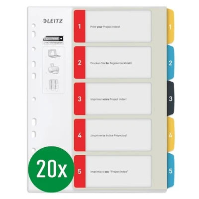 Afbeelding van Leitz 124000 beschrijfbare A4 tabbladen 1 5, robuust, kleurrijk, assortiment Cosy, verpakking met 20 stuks
