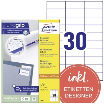 Afbeelding van Avery Zweckform 3489, Universele Etiketten, Ultragrip, Wit, 100 Vel, 30 Per 70 X 29,7 Mm Etiket
