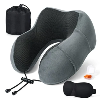 Afbeelding van Reiskussen van Traagschuim, Nekkussen met 3D oogmasker en Oordopjes, Neck Pillow Zacht Katoen, U vormig Slapen Neksteunkussen, Travel voor Vliegtuig, Auto, Trein, Kantoor Camping