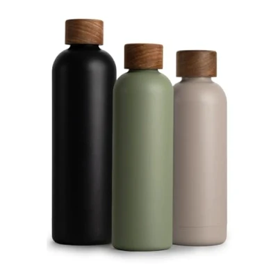 Afbeelding van Roestvrijstalen drinkfles, 750 ml, thermosfles 0,75 l met acaciahouten deksel, geïsoleerde waterfles, lekvrij bij koolzuur, olijfgroen