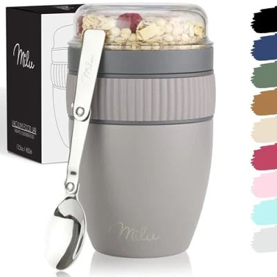 Afbeelding van Milu Mueslibeker om mee te nemen, 400 ml, roestvrijstalen thermosbeker voor yoghurt, muesli, lekvrije beker met lepel yoghurt/pap (taupegrijs)