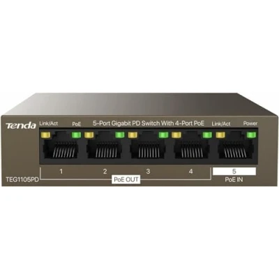 Afbeelding van Tenda 5 poorten Gigabit PoE Switch zonder AC voeding, PD 30 W (4 uit en 1 poort in), plug &amp; play, ventilator, alleen voeding (TEG1105PD)