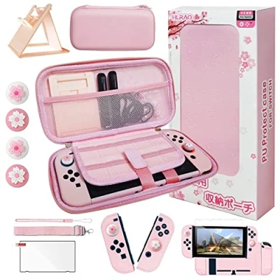 Afbeelding van HLRAO Reisaccessoireset, roze, compatibel met Nintendo Switch, Sakura design opberghoes, harde beschermhoes, verstelbare standaard, HD glazen displaybeschermfolie en, 10 1, Schoonheidstas