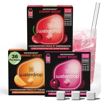 Afbeelding van Waterdrop® Microenergy set, suikervrije energiedrank met aroma&#039;s van bramen, mango en kers, 36 bruisblokjes 90 mg natuurlijke cafeïne, vitamine B C.