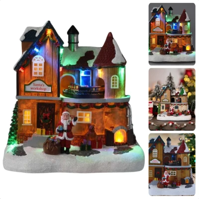 Afbeelding van Cheqo® Kersthuisje Polyresin Kersttafereel Kerstdorp Huisje Verlichting &amp; Beweging LED Trein
