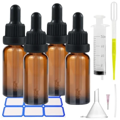 Afbeelding van Set van 4 druppelflessen 50 ml, lege glazen flessen met druppelaar, pipetten en trechter, kleine fles amberkleurig glas, apotheker, voor etherische olie (bruin)