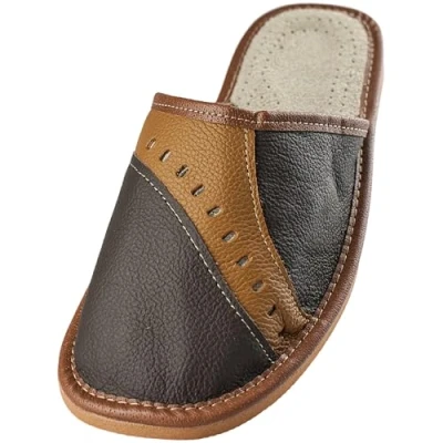 Afbeelding van APREGGIO Leich Natural Pantoffels voor heren, 100% natuurlijk leer, handgemaakt, zwart, stevige zool, comfortabel, zacht, zwart/bruin.