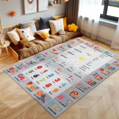 Afbeelding van kindertapijt, alfabet, letters, cijfers, dieren, tapijt, grijs, 120 x 170 cm, kinderkamer tapijt