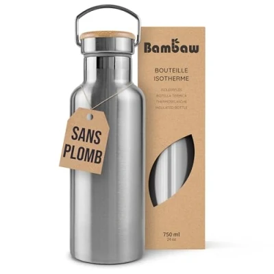 Afbeelding van Bambaw® 750ml RVS Thermosfles Isoleerfles, Dubbelwandig, Milieuvriendelijk, Lekvrijen, loodvrij en Plasticvrij Geïsoleerde Fles met Bamboe Deksel voor Warme Koude Dranken Ideaal Reizen, Werk, Yoga, Wandelen Dagelijks Gebruik zilver