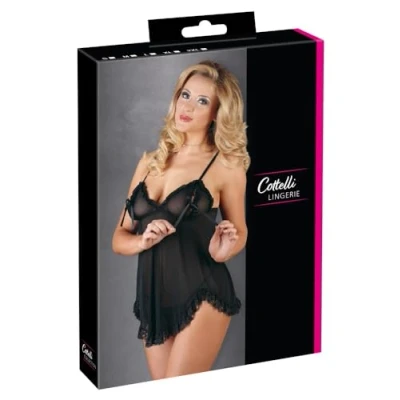 Afbeelding van Cottelli Collection Baby Doll met Spannende Strikjes Rondom Tepels Licht Transparant Maat M Zwart