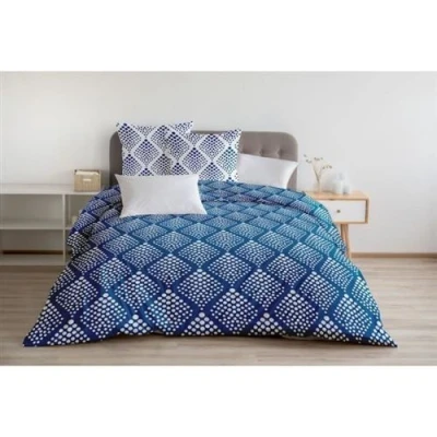 Image de Parure de couette 240x260 cm HOME LINGE PASSION FIBULA : Housse + 2 taies d&#039;oreiller 100% Coton 57 Fils Bleu