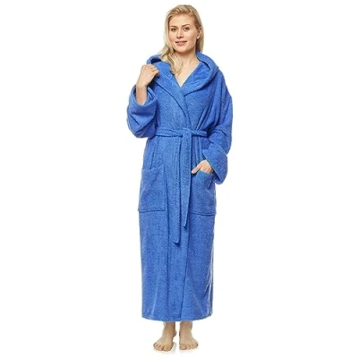 Afbeelding van Badjas voor dames met capuchon, kuitlengte of enkel, badstof (380 g/m²), 100% gecertificeerd katoen, Royal Blauw