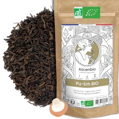 Image de Ascenbio ✿ Thé Noir Pu Erh Premium BIO fermenté et vieilli du Yunnan, saveur Umami 180g vrac Préparé conditionné en France Emballage biodégradable