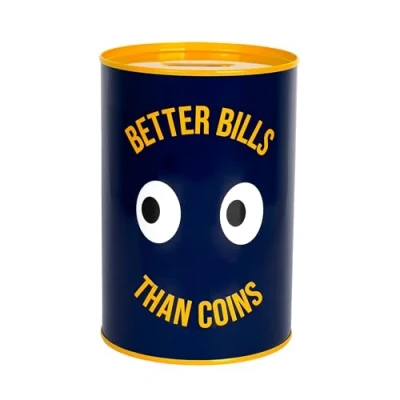 Afbeelding van Fisura Originele spaarpot met de boodschap &quot;better bills than coins&quot;. Grote voor volwassenen van staal. in doos als cadeau. Blauwe zonder opening. Afmetingen: 13 x 20 cm