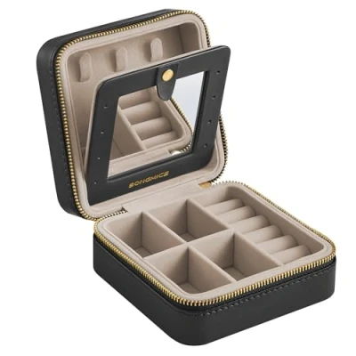Afbeelding van SONGMICS JBC146BKV1 Reizen Sieradendoos, Kleine Spiegel, Ritssluiting, Sieradenopslag, Draagbaar, PU hoes, 11,4 x 5,5 cm, cadeau idee, Inktzwart