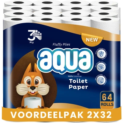 Afbeelding van AQUA Tripple Soft 2x32 rollen WC Papier 64Rollen 3 Laags Toiletpapier, Extra Zacht &amp; Pluisvrij, comfort Voordeelverpakking